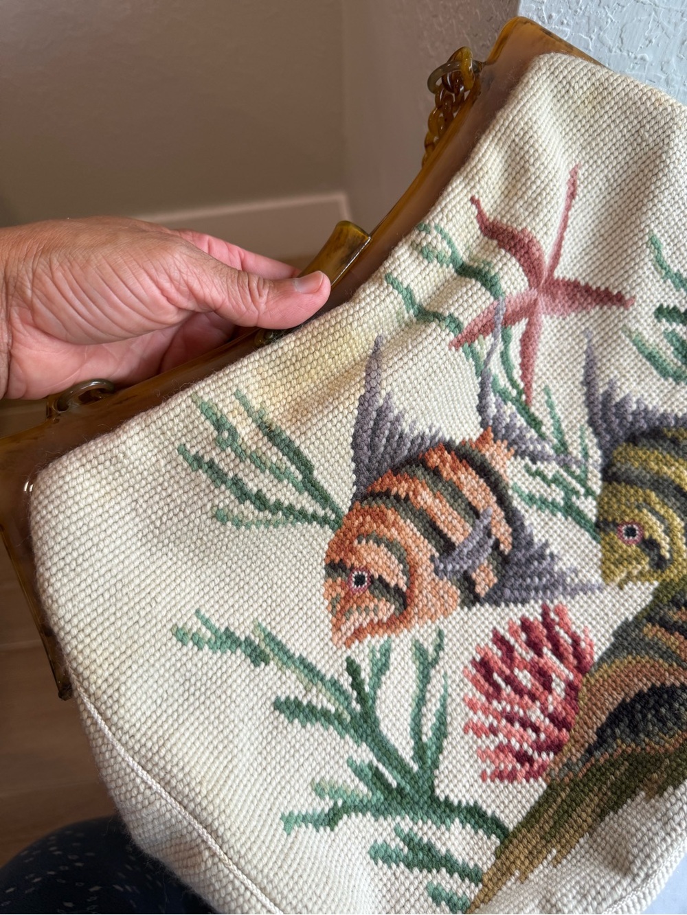 Vintage Embroidered Fish Motif Shoulder Bag Handle Bag - Beige - Picture 15 of 16